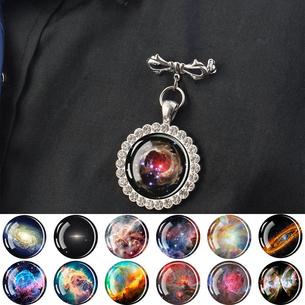 1PC Nebula Galaxy Pattern Circular Glass Brooch with Imitation Cubic Zirconia Edging Suitable Holiday Parties Birthday Gift