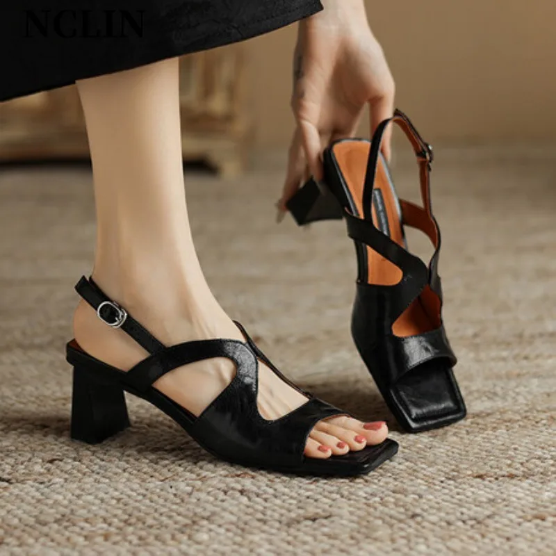 New Genuine Leather Women Sandals Chunky Heel Buckle Strap Platform Sandals Pumps For Women Summer Casual GLADIATOR Women Shoes