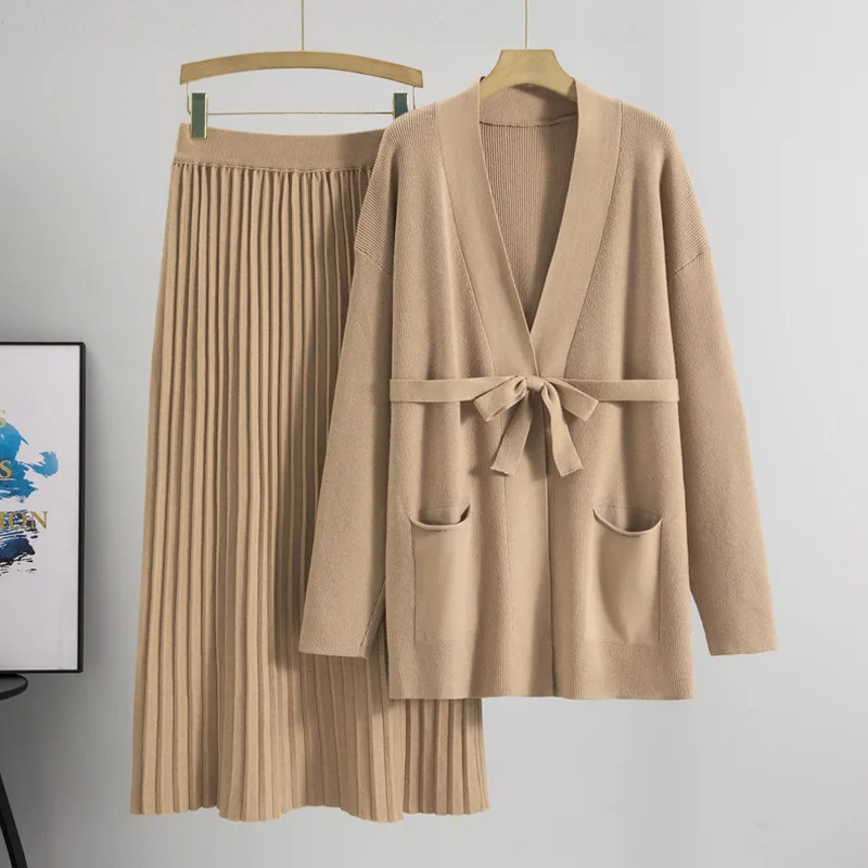 

Элегантные свободные вязаные комплекты из 2 предметов, женские трикотажные изделия, новый свитер на шнуровке, кардиган, модные юбки трапециевидной формы с высокой талией, наряд B630