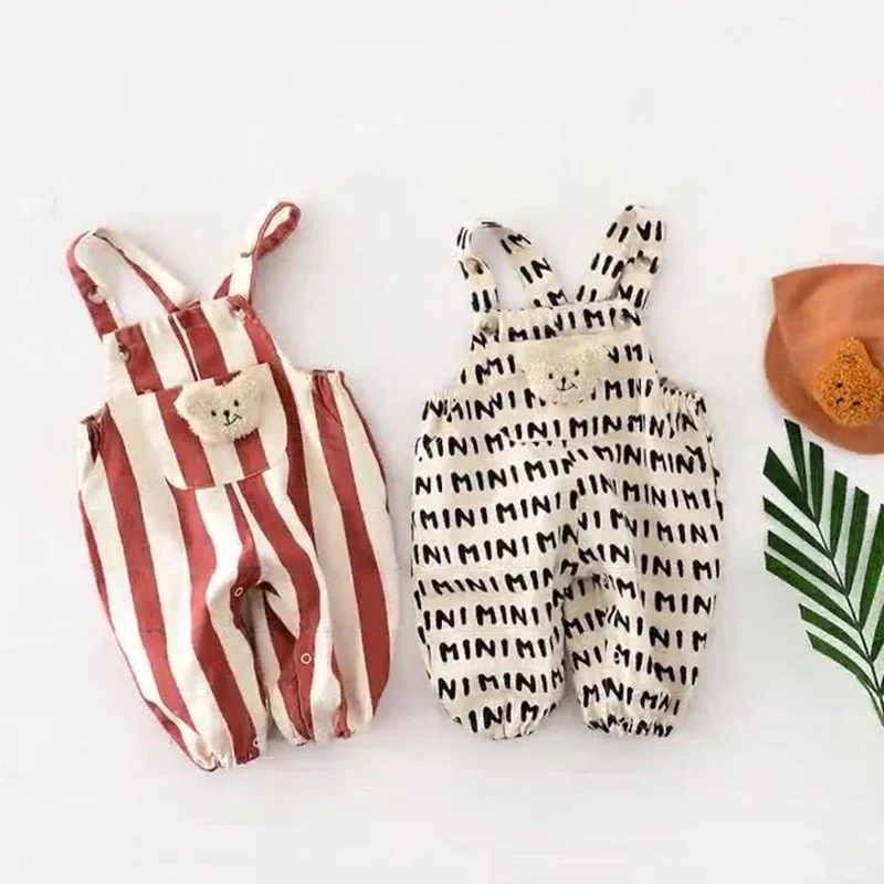 

Spring Autumn New Kids Clothes Overalls Striped Baby Pants With Cute Animal Doll For 0 - 3Y Boys Girls