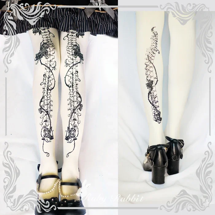 Original Jirai Kei Lolita Print Pantyhose Ladies 2024 Fall New Sweet Black Rose Bone Generate Color Leggings Pantimedias Mujer image 4