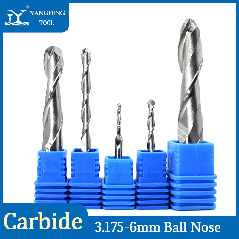 YangFeng Ball Nose End Mill Tungsten Steel Tools 3.175mm 4mm 6mm Shank 2 Flute Carbide Milling Cutter For Cutting Wood MDF