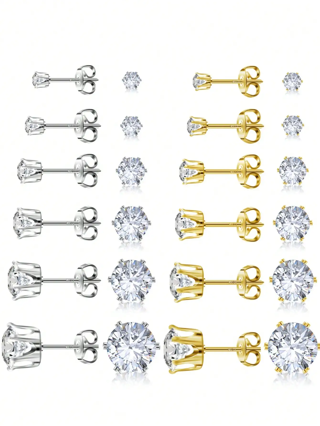 

Набор из 6 пар серег-гвоздиков из хирургической стали с кубическим цирконием, с серебряным и золотым покрытием, гипоаллергенные, для женщин