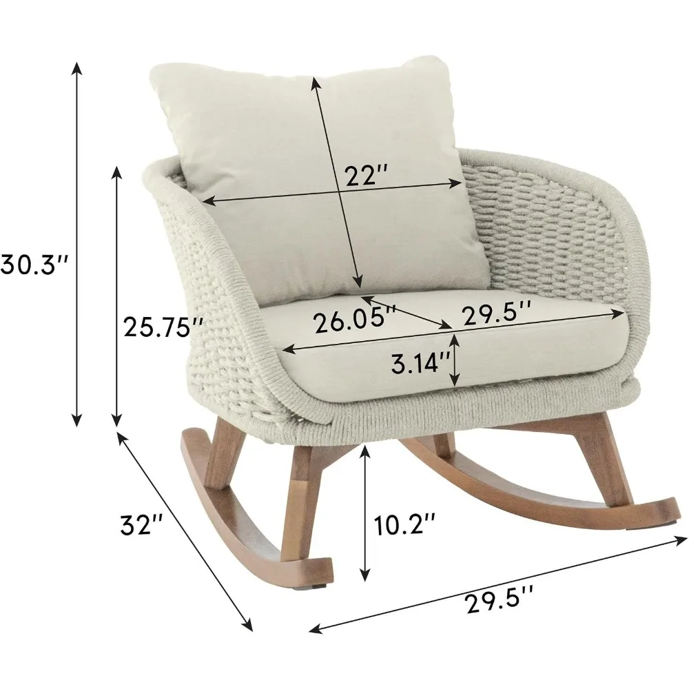 Wooden Frame Rocking Chair Outdoor with Soft Cushions, Contemporary Patio Rocker for Indoor/Outdoor, Beige + Natural