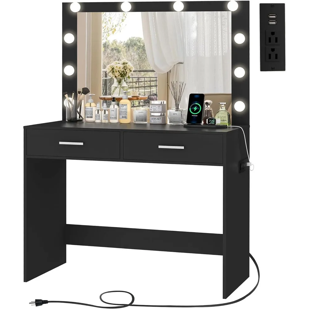 

with 10 Lights, 2 Drawers & Power Strip, Vanity Desk Set, Dressing Vanity Tables for Women Girls, Bedroom, Black