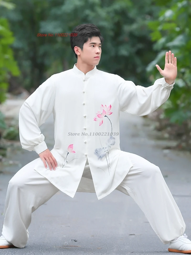 

2025 chinese tai chi kungfu wushu tops+pants set vintage martial arts tai chi flower print training practice team performance
