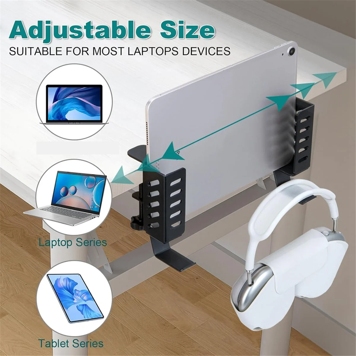 حامل كمبيوتر محمول عمودي من جانب المكتب، حامل كمبيوتر محمول بدون مثقاب، حامل كمبيوتر محمول معلق لجانب المكتب، مشبك على المكتب باللون الأسود