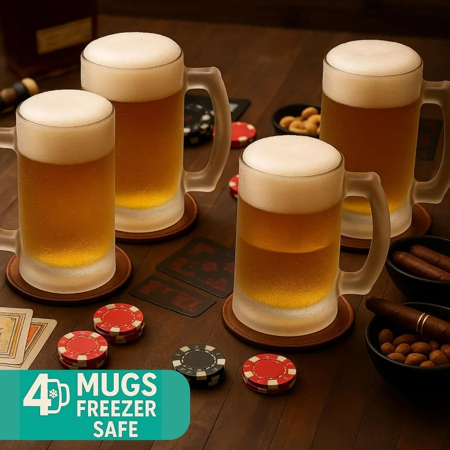 8Piece Beer Mugs Set for Freezer Storage with 4 HeavyWeight Beer Stein and 4 Plastic Shot Glasses Ideal for Men's Party Gift 16