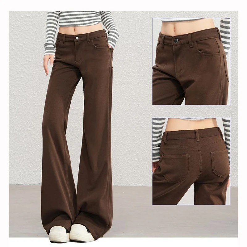 

Женские джинсы-клеш 2026 года, однотонные, тонкие, с низкой посадкой, повседневные брюки, классические ретро-джинсы прямого кроя для женщин