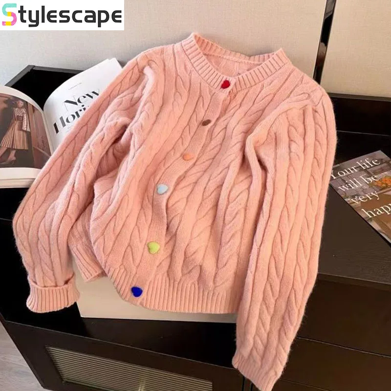 

New Korean Style Western-style Sweet Color Love Button Versatile Soft Waxy Knitting Cardigan Fashion Fried Dough Twists Sweater