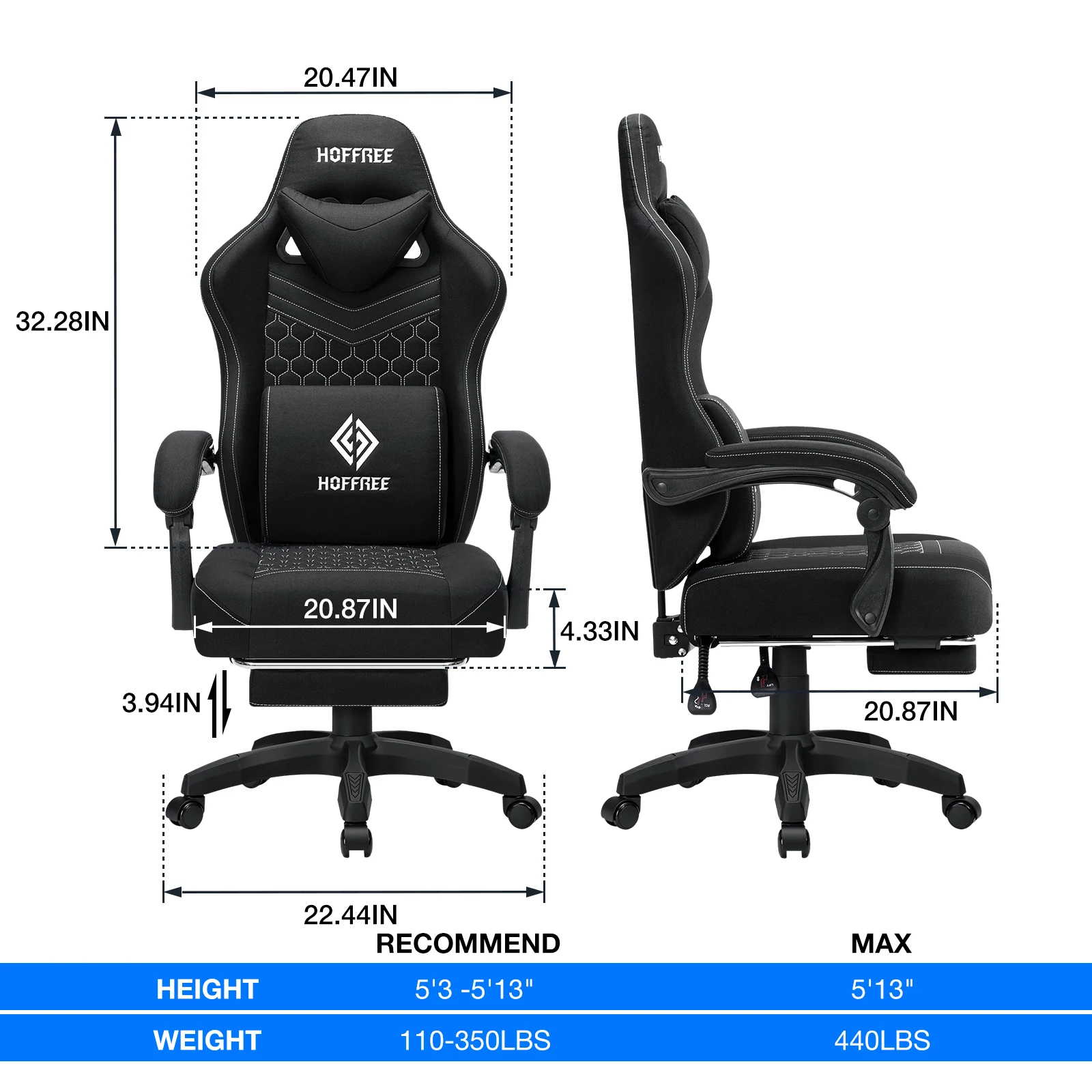 Ergonomic Office Chair With Footrest Lumbar Cushion Bluetooth Speaker 2-Point Massage Breathable Computer Gaming Racing Chair