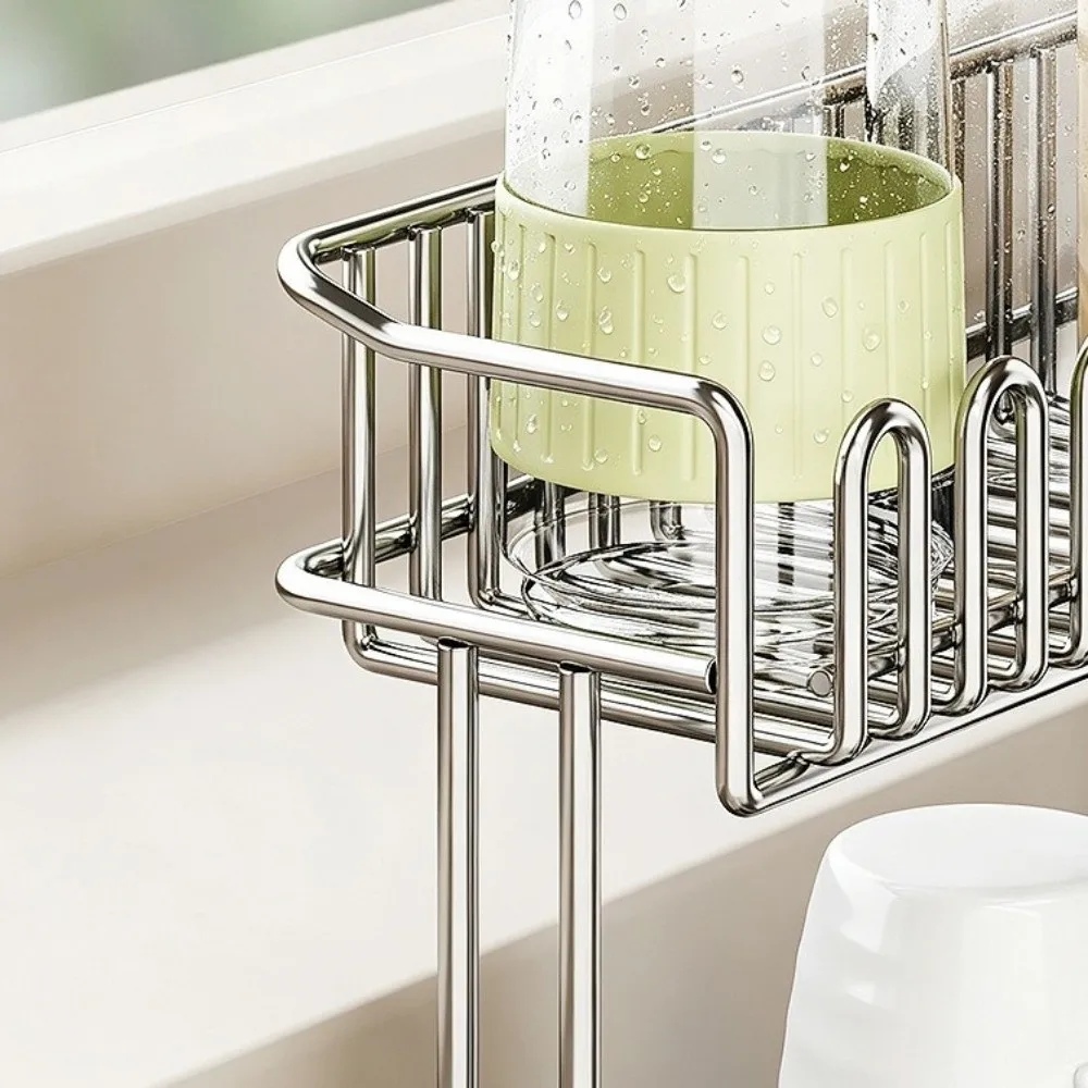 Stainless Steel Double-layer Water Cup Rack Large Capacity Anti-Fall Cup Storage Rack Saving Space with Drain Tray