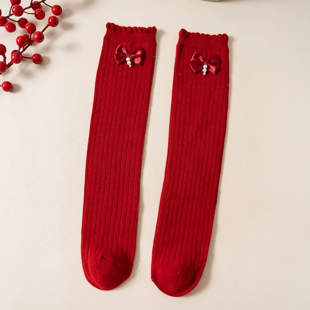 New Breathable Winter Compression Stocking Bowknot Casual Red Socks Cashmere Sweat-absorbing Bow Middle Tube Socks Kids