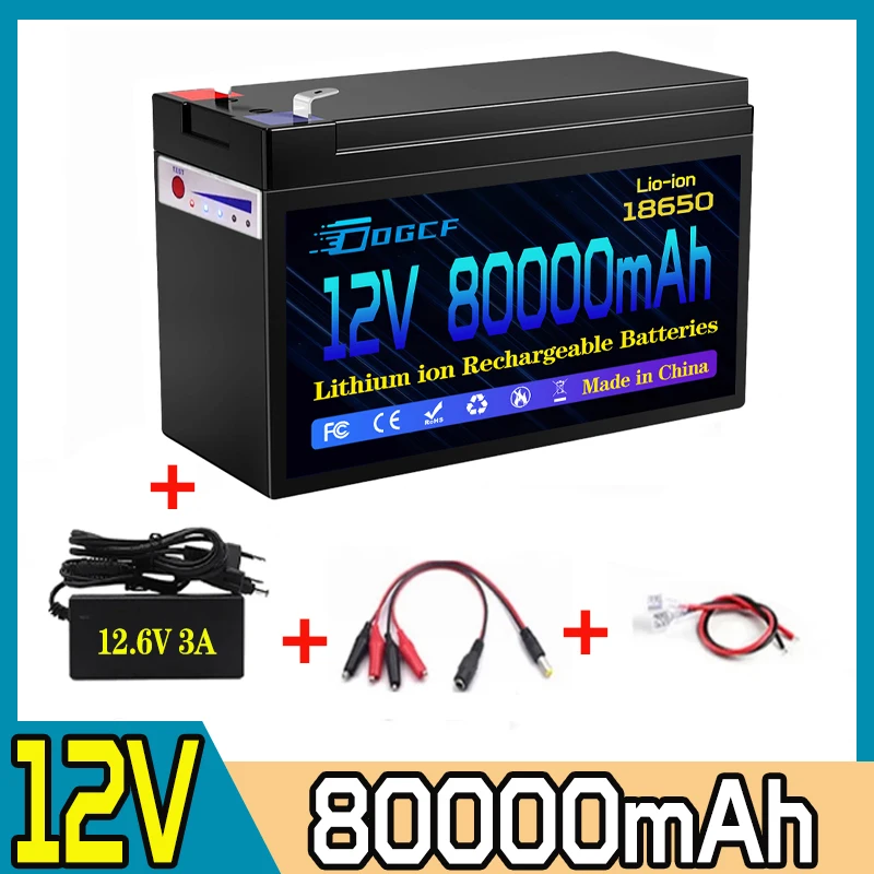 

12V Battery 80Ah 18650 Lithium Battery Pack Rechargeable Battery for Solar Energy Electric Vehicle Battery+12.6V 3A Charger