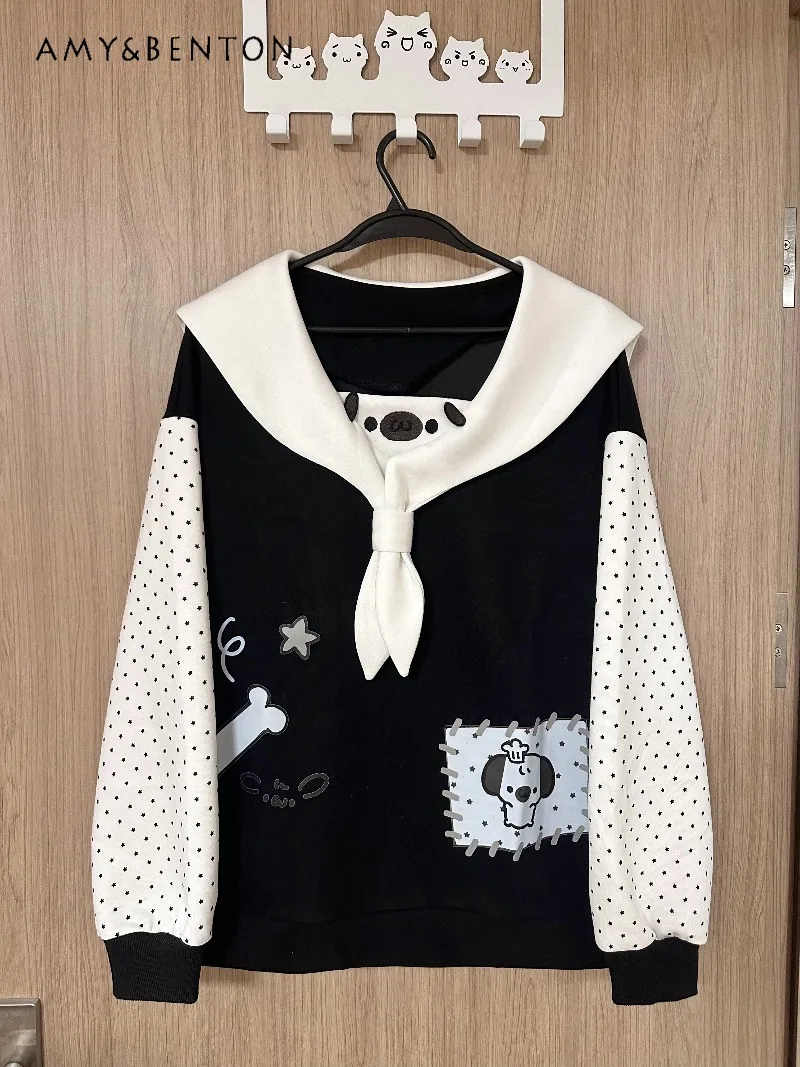 

Оригинальный японский милый мультяшный принт в горошек, толстовка с матросским воротником, свободная повседневная толстовка в студенческом стиле для милых девочек, женская