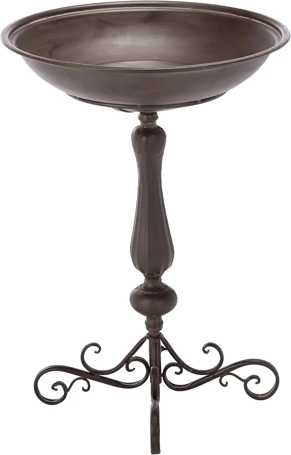 Wiktoriańska żelazna fontanna dla ptaków w stylu scroll z rustykalnym brązowym wykończeniem, idealna do dekoracji patio i ogrodu.