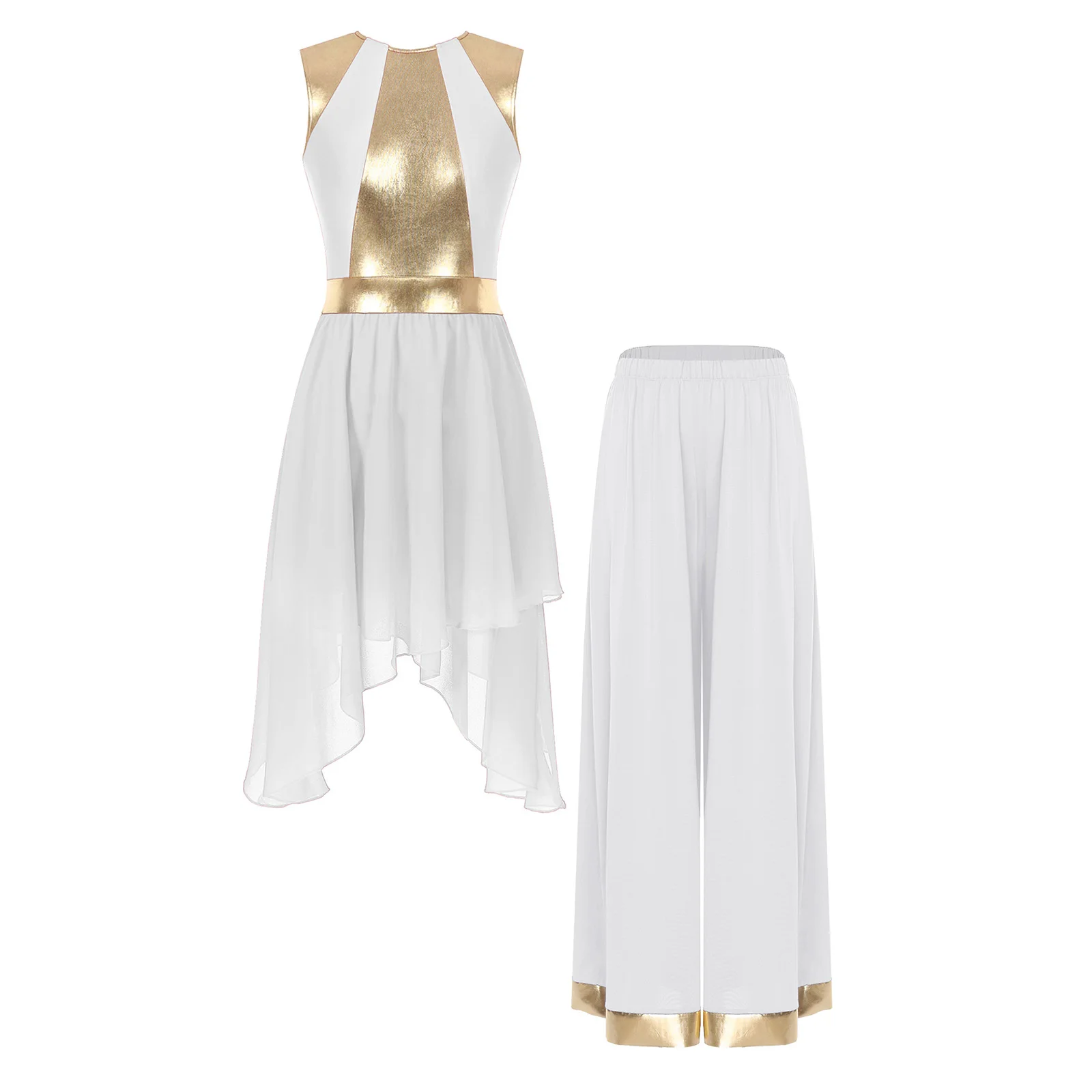 

Womens Lyrical Dance Outfit Metallic Shiny Sleeveless Irregular Hem Dress And Wide Leg Pants Worship Praise Modern Dance Costume