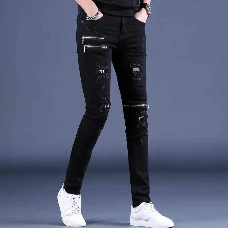 Fashion Korean Style Black Skinny Jeans knee zipper Luxury Men\'s Streetwear Slim Jeans with Holes Casual Wear Motorcycle Jeans