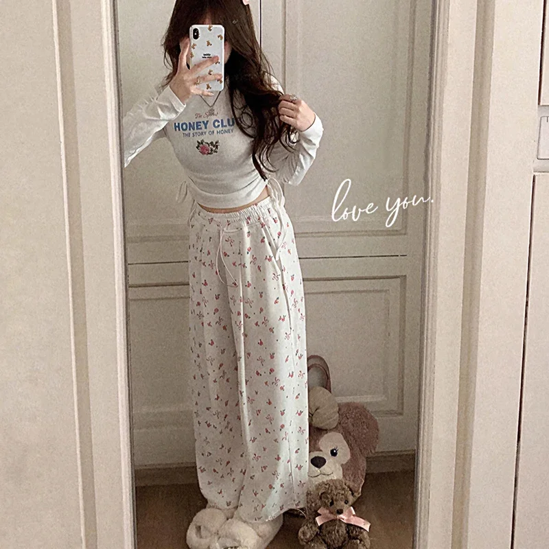 Sweet Pants Women Autumn Cute Rose Bows Print Elastic Waist Sweatpants for Girls Harajuku Trousers Kawaii Clothes