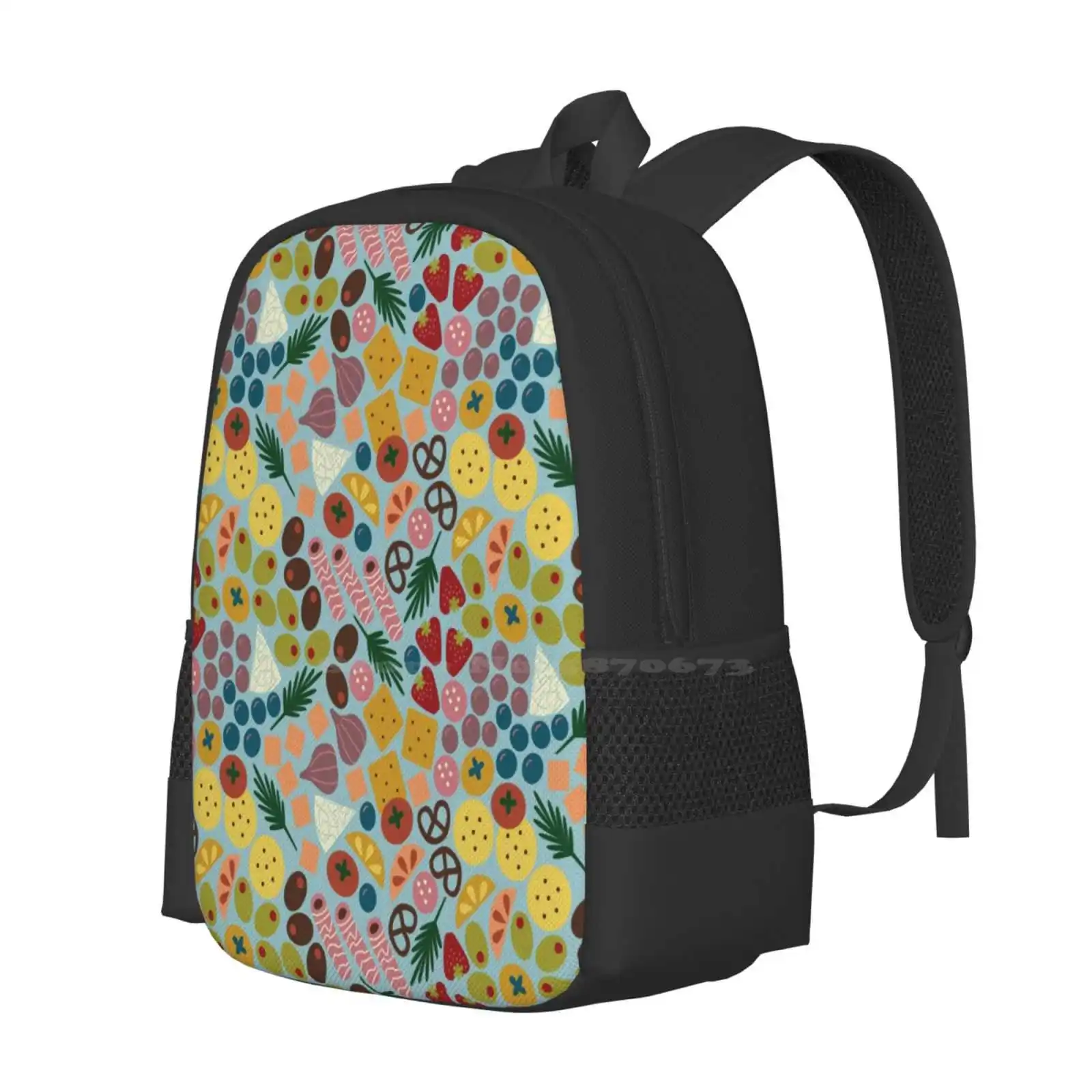 " Charming Charcuterie " Designer Food Fun Foodie Kitchen Fruit Print Large Capacity School Backpack Laptop Bags Repeating