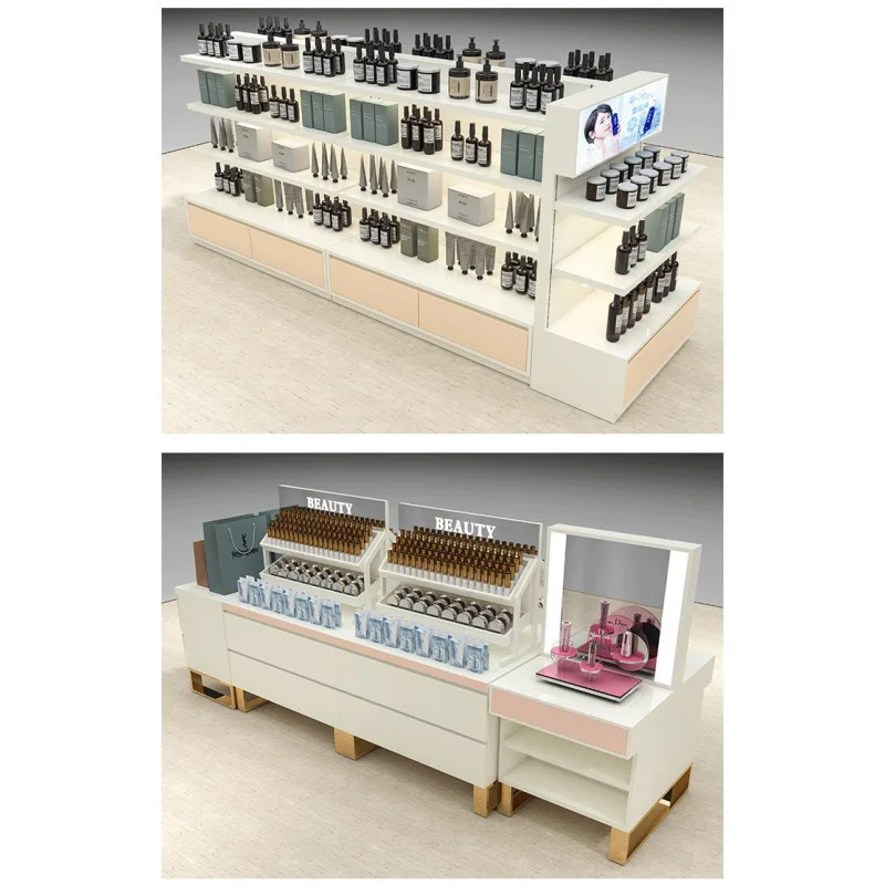 custom.Retail Skin Care & Makeup Display Stand with LED Lighting Customizable Wood Cosmetic Gondola Shelf Supermarket/Cosmet view 6