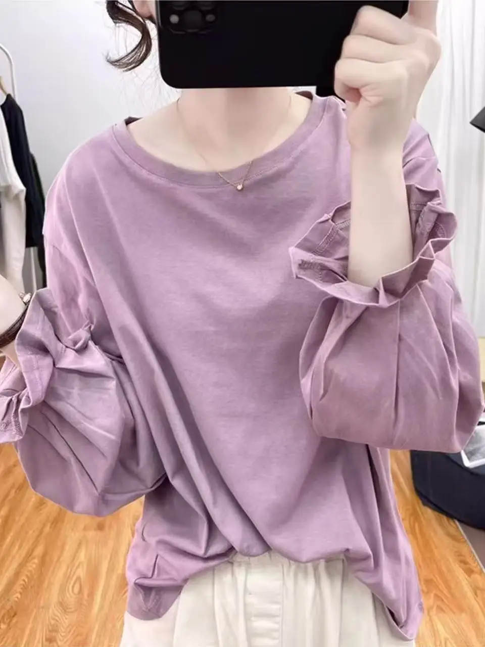 

Slimming Effect Pure Cotton Long Sleeve Lantern Sleeve T-Shirt Casual Loose Fit Thin Spring Summer New Style Women's Top