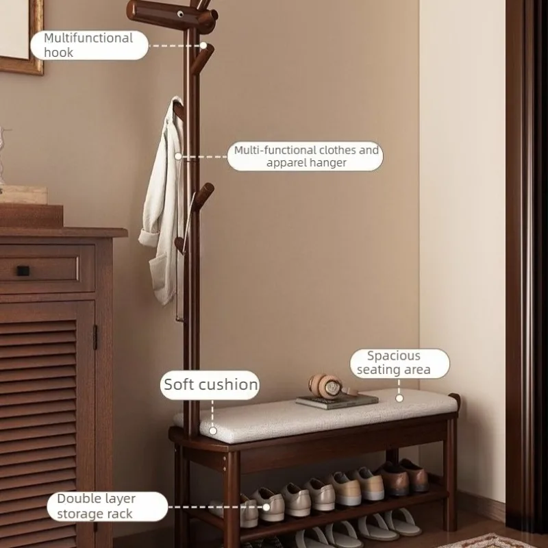 Solid Wood Footrest All in One Shoe Bench Coat Rack Shoes Storage Racks Multifunctional Creative Entrance Hallway Furniture