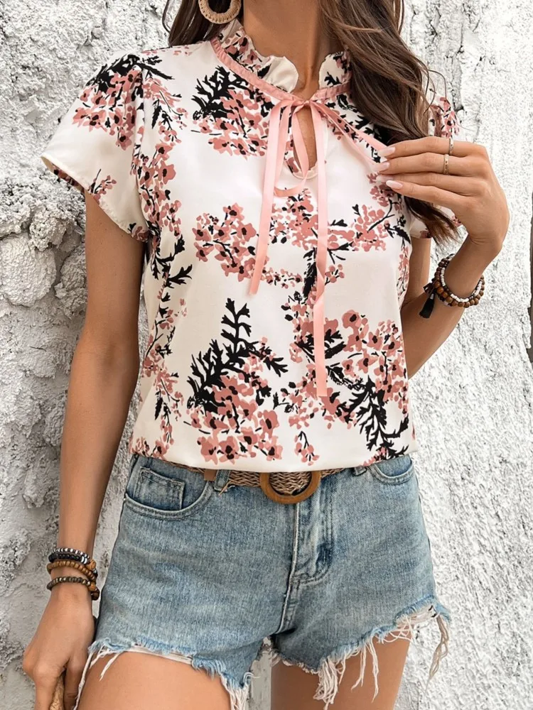 

Women's Floral Print Blouses Tops Casual Elegant Short Sleeve Lace-up Blouse Female Summer Fashion Office Lady Work Chic Shirts