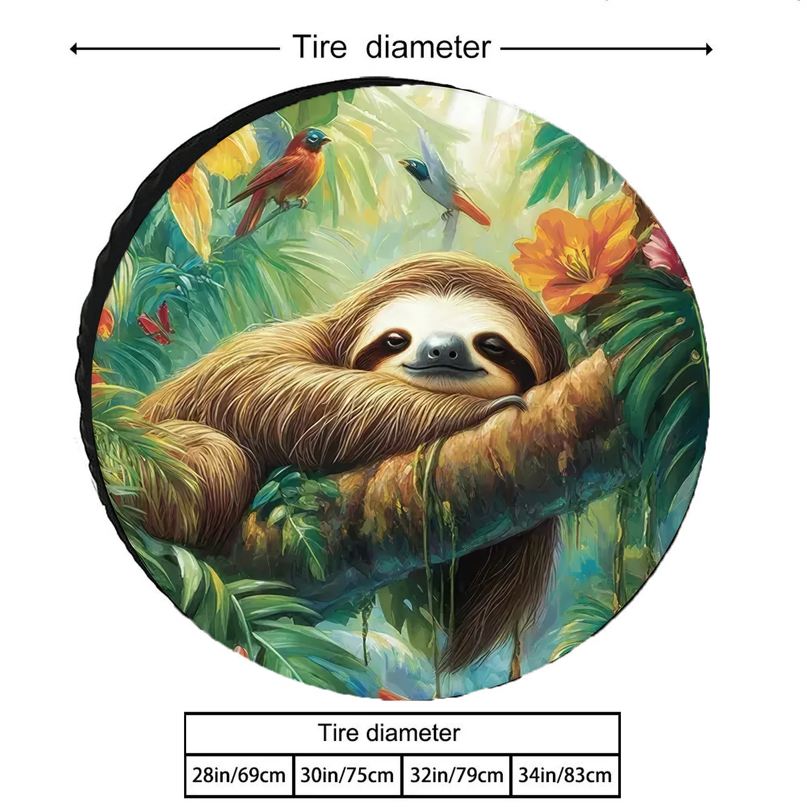 28/30/32/34 Inch Spare Tire Cover With Jungle Sloth & Tropical Foliage Design - Windproof Dustproof Protective Wheel Protector F