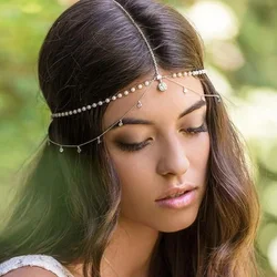 Stonefans Pearl Boho Head Chain Headband Wedding Hair Accessories Indian Jewelry Round Crystal Forehead Headpiece for Women Prom