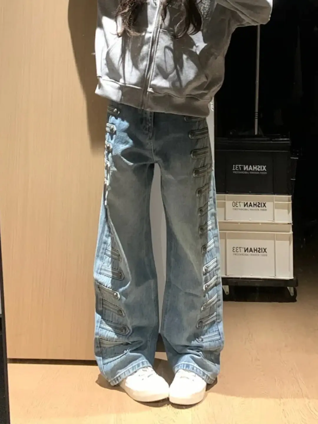 Washed Street Style Wide Leg Casual Jeans Men Women Spring Autumn Court Design Sense Double Row Button Knife Jeans