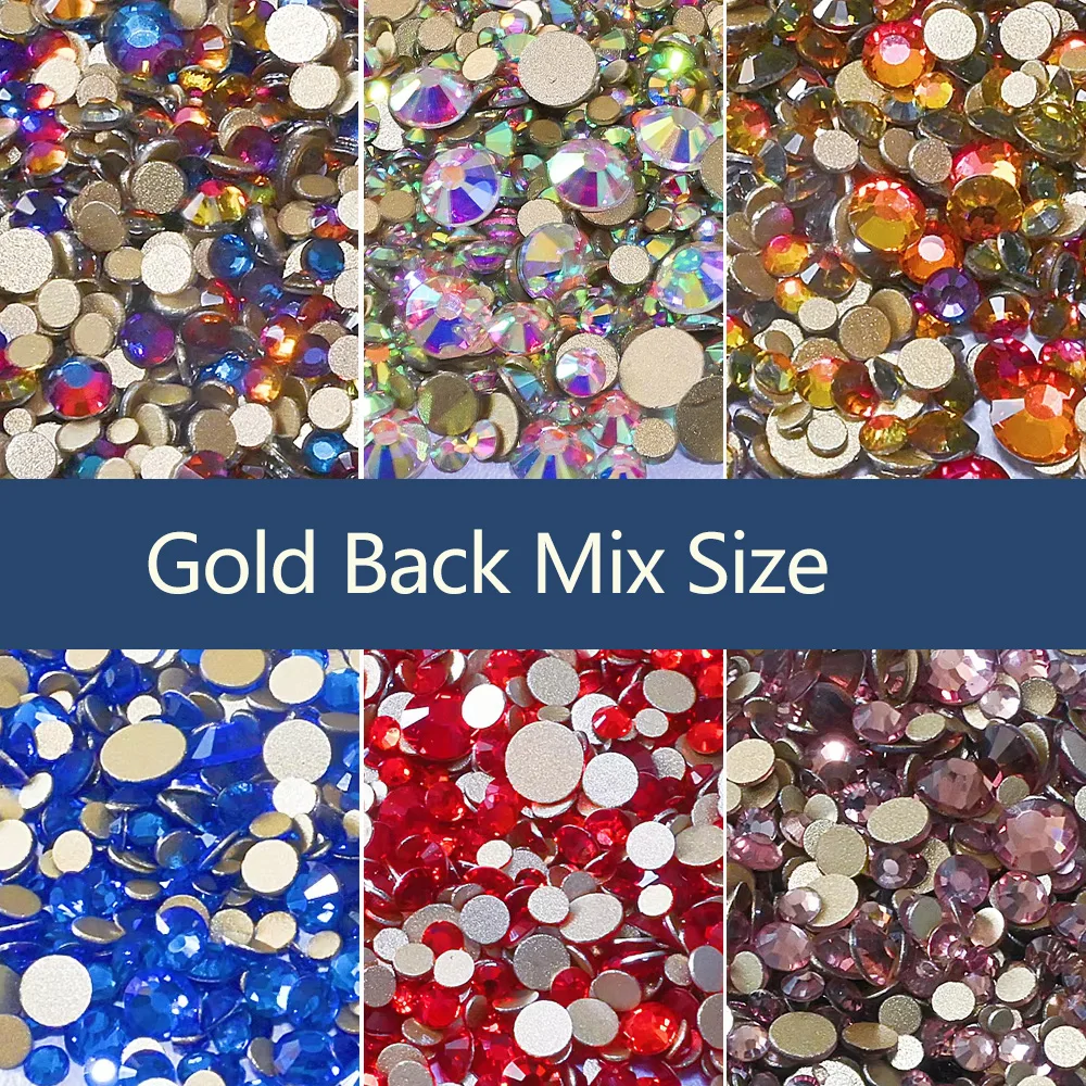 

Gold Back Mix Size Glass Flatback Rhinestone Glitter Crystals AB Stones Non Hotfix Strass Rhinestones for Diy Craft Clothes