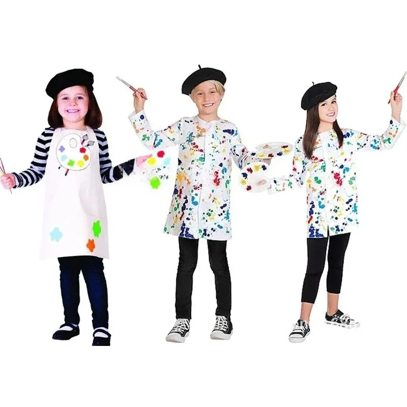 Boys Girls Little Painter Shirt Apron Children Artist Characters Role Play Suit Kids Halloween Cosplay Party Dress Up Costume