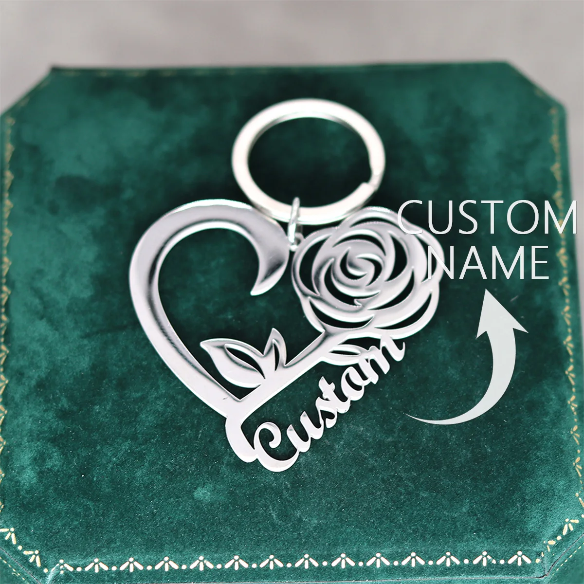 Custom Name Keychain Stainless Steel Hollow Heart Rose Flower Lovely Unique Personalized Key Chain for Women Jewelry Gift