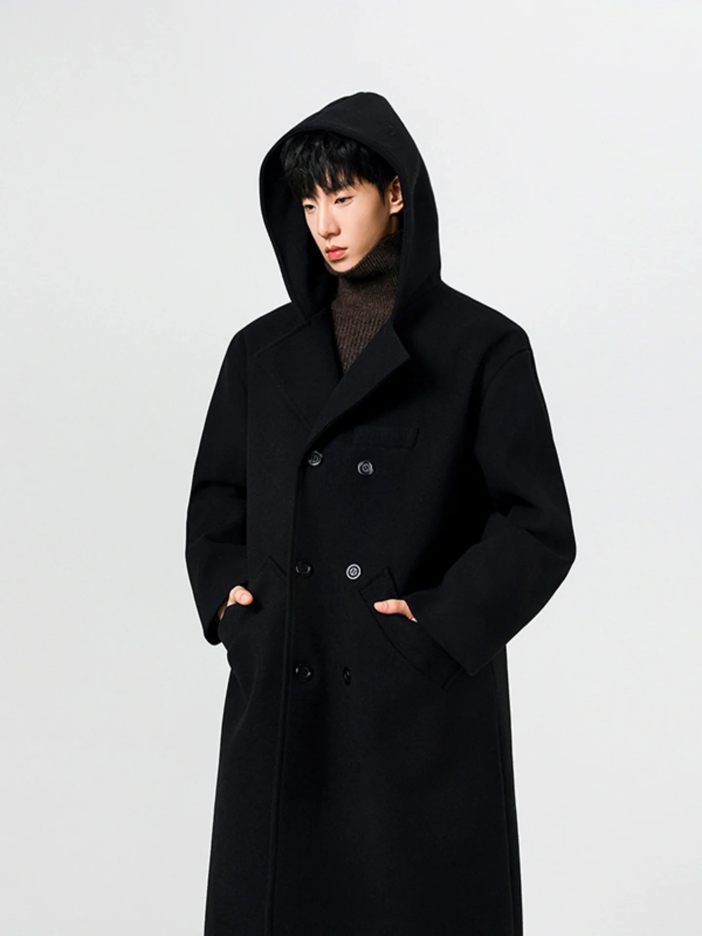 

Bla Hooded Men's Long Over-Knee Woolen Coat Autumn Winter Briti Sle Cool Faion Youthful Polyester Fiber Windbreaker