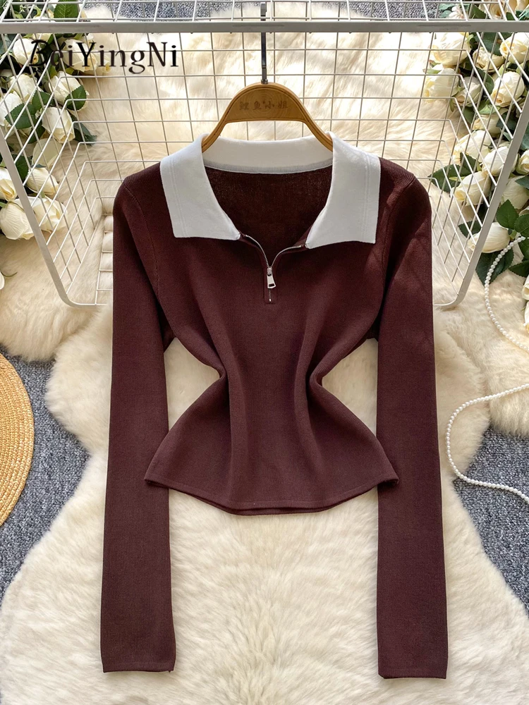 

Beiyingni французский винтажный женский свитер с воротником с лацканами, цвет заклинания, вязаный пуловер с длинными рукавами, женские тонкие корейские базовые топы на молнии