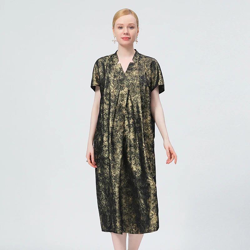 Silk Yarn-dyed Jacquard Lysimachia V-neck Pullover Short Sleeve Fold Printing Under The Big Swing Slit Dress AE975 Summer