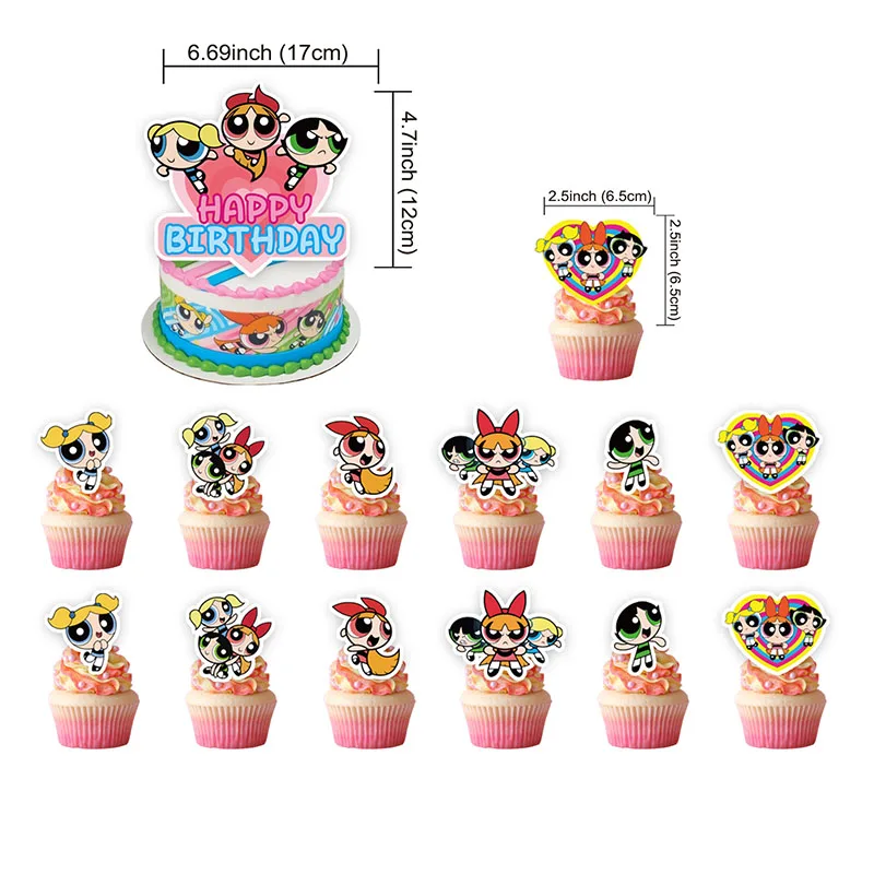 PowerPuff Girls Theme Birthday Party Anime Image Action Figure Decoration banner inserti per torte Balloon Festival Prop all'ingrosso