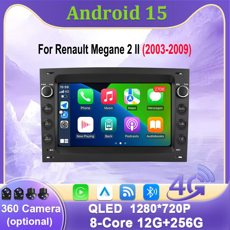 Android 15 Carplay Car Player GPS Navigation DSP For Renault Megane 2 II 2003 - 2009 Auto Stero Multimedia player Head Unit