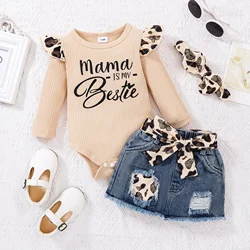 PatPat 3pcs Baby Girl 100% Cotton Leopard Print Belted Ripped Denim Skirt and Letter Print Rib Knit Long-sleeve Romper