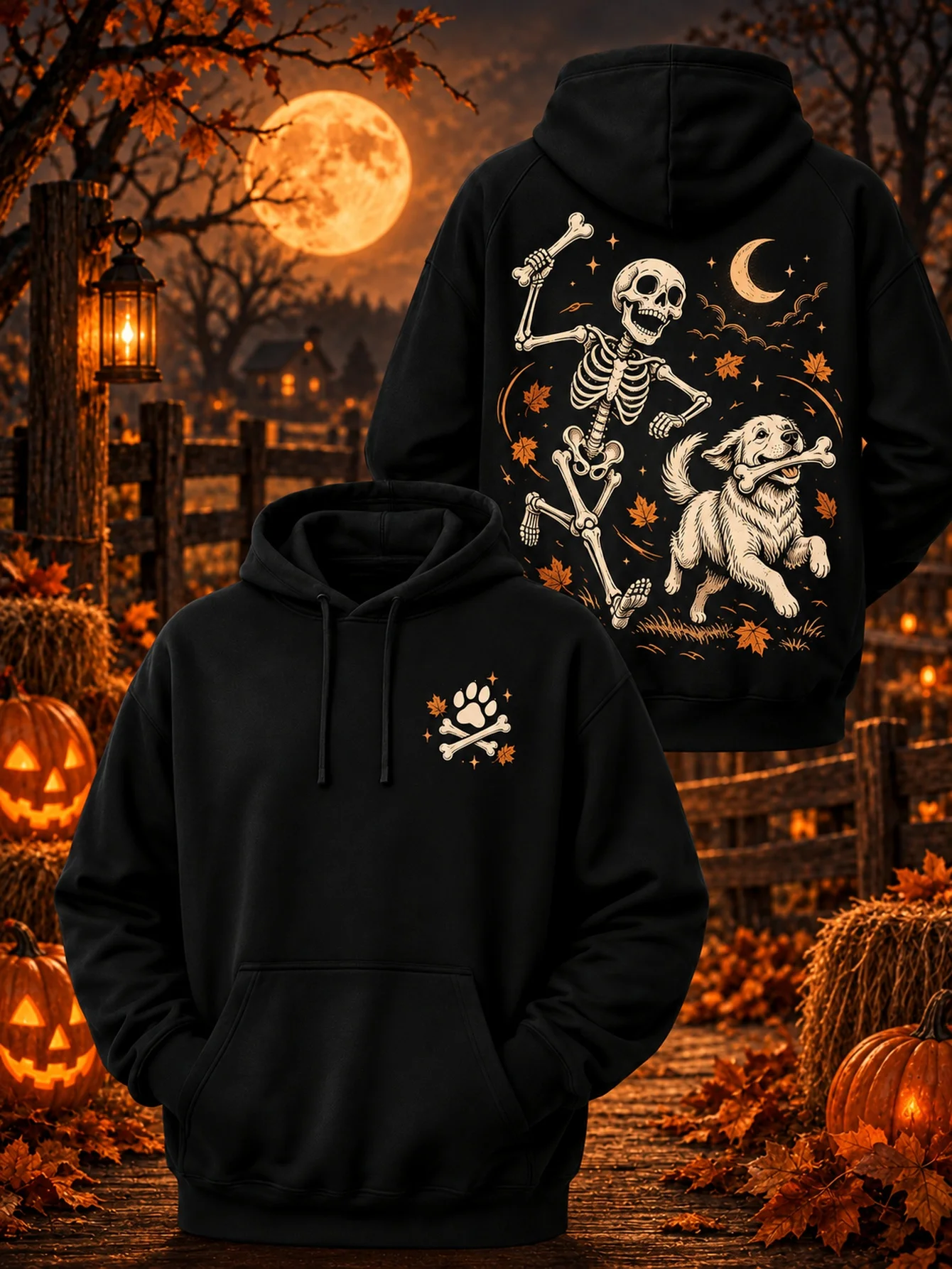 Skeleton Playing with Dog Halloween Hoodie Unisex Fall Bone Dog Paw Graphic Pullover Hooded Sweatshirt for Men Women