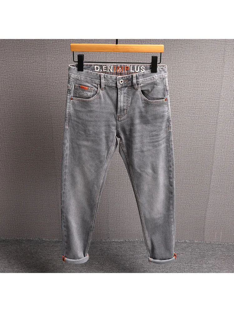 Pantalones vaqueros de tela de sarga suave de alta gama para hombre, pantalones elásticos pequeños de pierna recta, informales, a la moda, ligeros y de lujo