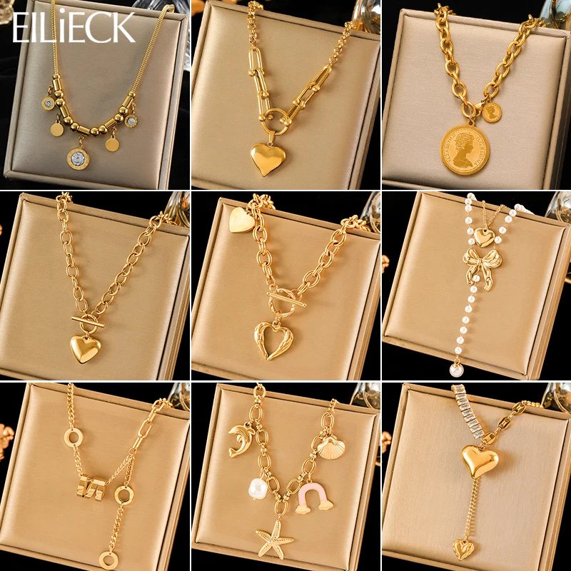 EILIECK 316L Stainless Steel Heart Pendant Necklace For Women Fashion Gold Color Neck Chain Waterproof Jewelry Birthday Gift