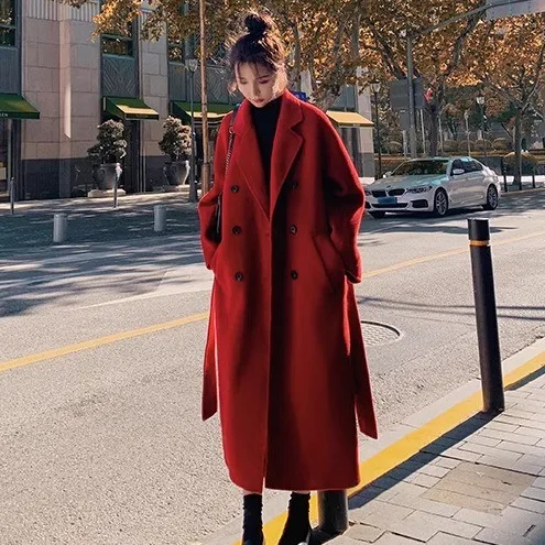 MiiiiX Retro Red Double Breasted Woolen Coat Lapel Mid Length Loose Thicken Jacket Versatile Outerwear Autumn Women's Clothes