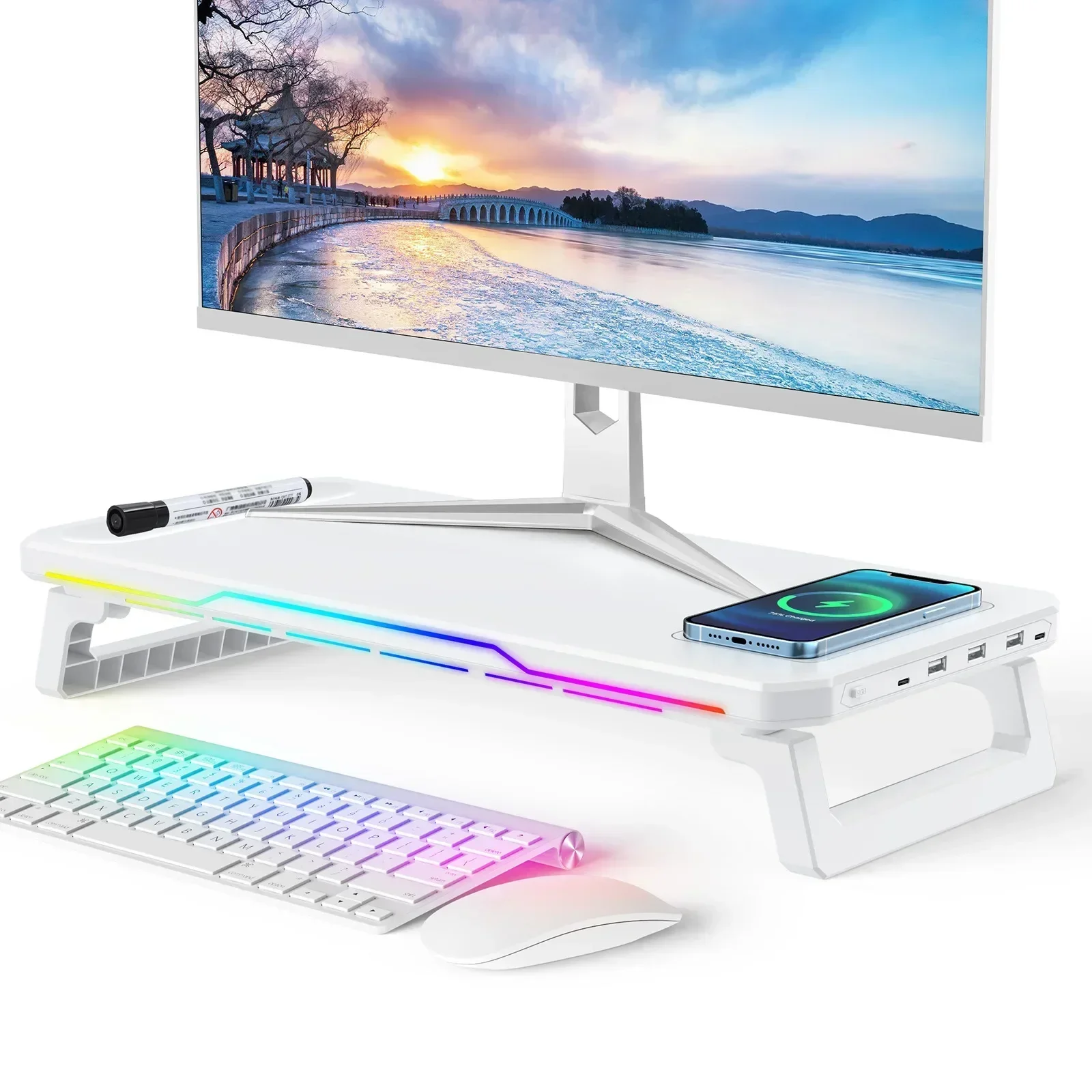 

Adjustable Monitor Stand with Wireless Charging Hub LED Light Ergonomic Height Laptop Holder for Office Desk and Computers