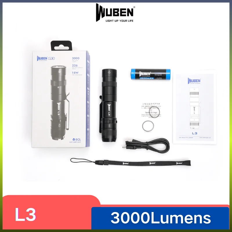 

WUBEN L3 Utility Flashlight 3000Lumens Type-C Rechargebale With 4800mAH Battery Power Bank EDC Troch Light