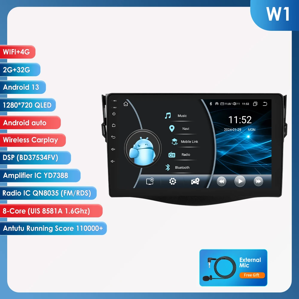 Hizpo 8 + 128 GB Android 13 Voor Toyota RAV4 2006-2012 Autoradio Multimedia Speler AI Spraakbesturing navigatie GPS Draadloze Carplay