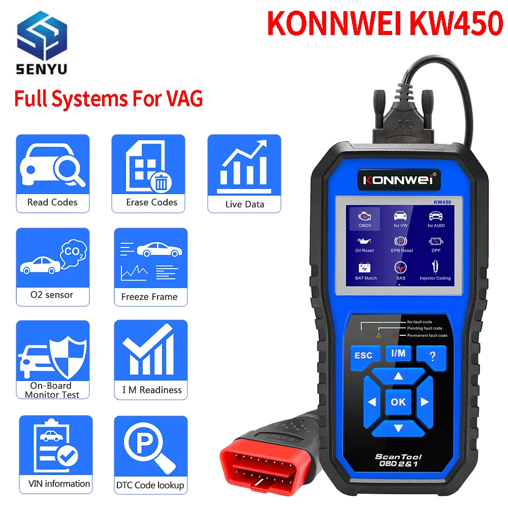 KONNWEI KW450 Full Systems Car OBD2 for VAG Diagnostic Tool for VW Audi ABS Airbag Oil EPB SRS TPMS Reset Code Scanner Tools