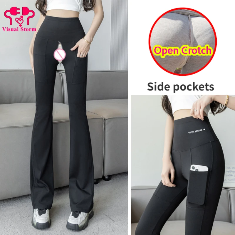 Skinny Woman Open Crotch Sexy Leggings Hidden Zippers Double Pockets Sport Fitness Clubwear Invisible Hot Pants Crotchless Cloth