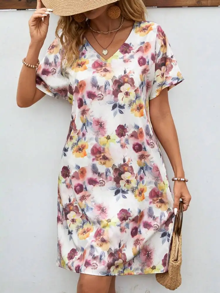 المرأة قميص فضفاض فستان مثير الإناث الخامس الرقبة قصيرة الأكمام ريشة الأزهار تي شيرت مطبوع فساتين الحفلات الفضفاضة الصغيرة